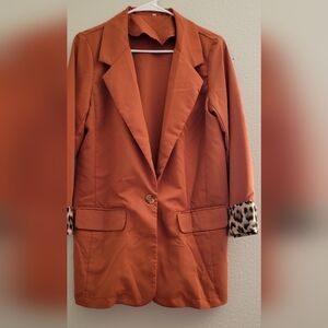 Women's Orange Blazer with Leopard Print Cuffs